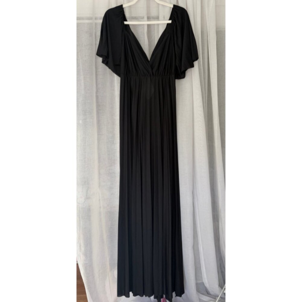 ASOS Design V-Neck Flutter Sleeve Black Pleated Maxi Dress – Size US 12